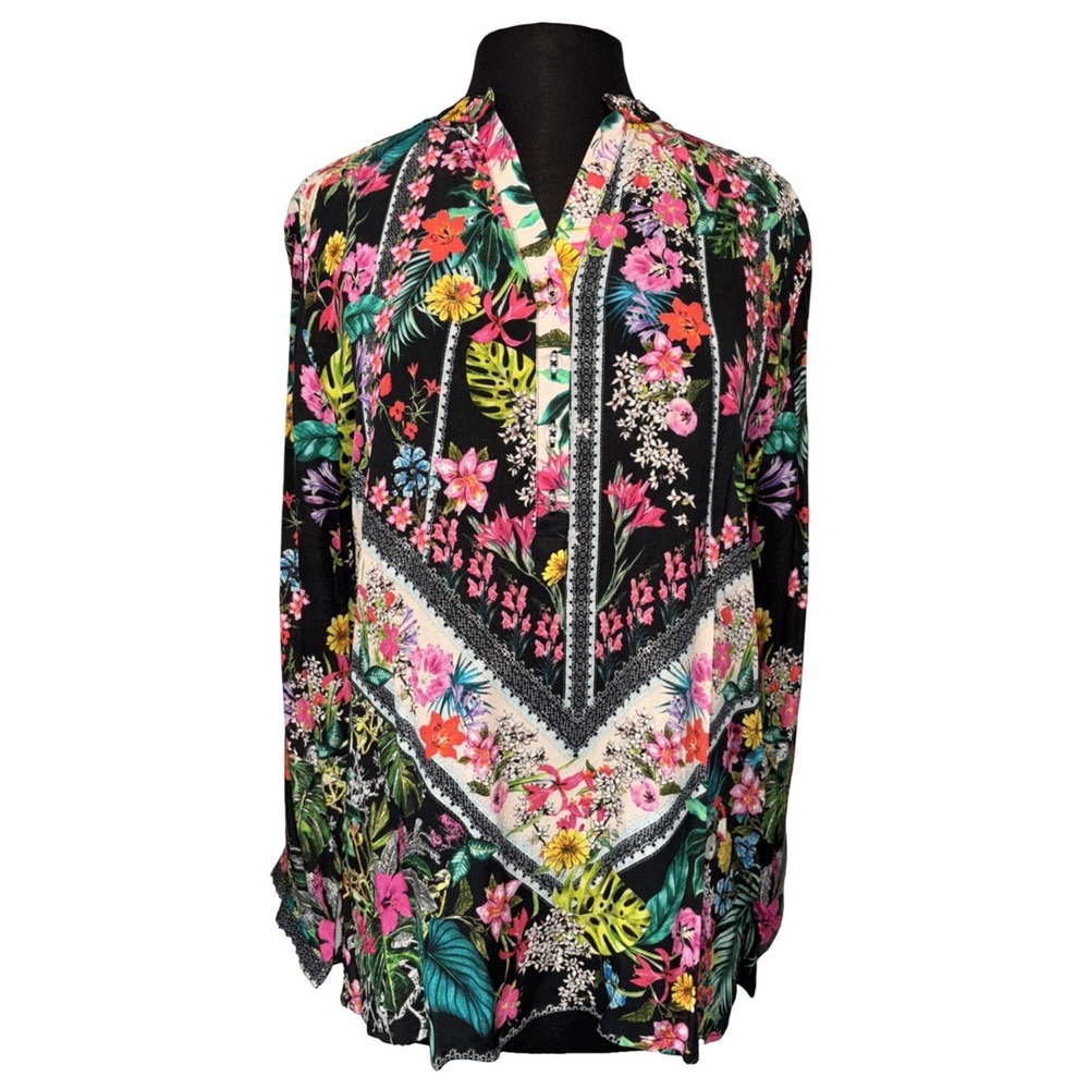 NEW Shana Apparel Floral Tunic Size M Multi Color Long Sleeve Button Boho Hippie